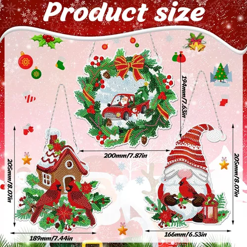 Miniatura 2 de Sintuff Juego de 3 carteles colgantes de pintura de diamantes de Navidad, diseño de pájaros gnomos, arte de diamante, arte de pared para bricolaje