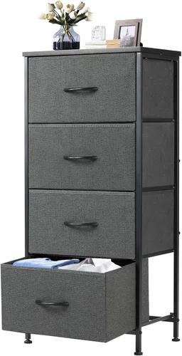 Miniatura 12 de DUMOS Mesita de noche con 4 cajones, mesa de noche con contenedores de tela extraíbles, marco de acero resistente, organizador superior de madera