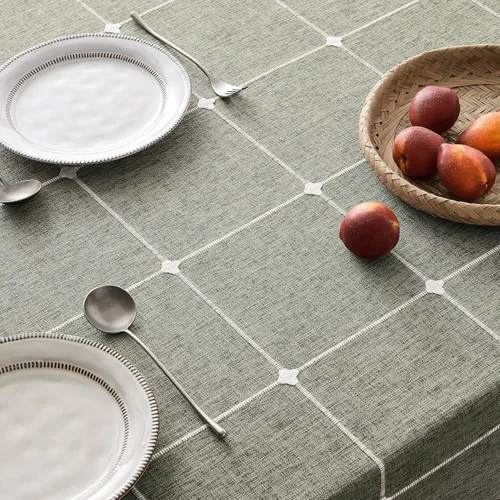 Miniatura 80 de ZeeMart - Mantel de mesa con diseño de cuadrícula boho y borlas (blanco roto, 132 cm x 132 cm), mantel de gran peso de lino a cuadros bordado