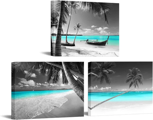 Biuteawal 3 piezas de lienzo de playa en blanco y negro para pared, imágenes de paisaje marino turquesa, palmera tropical, velero, pintura, obras de