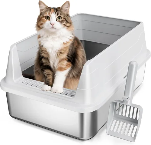 Miniatura 10 de Caja de arena de acero inoxidable para gatos, caja de arena de metal sin olor con tapa de lados altos, bandeja de arena de entrada baja con parte