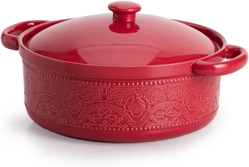 Miniatura 7 de FUN ELEMENTS - Cazuela, 2 cuartos de galón, plato con relieve de encaje con tapa, de cerámica para ir del horno a la mesa, asas redondas para servir