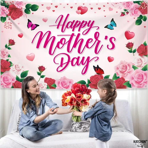 Miniatura 4 de KatchOn, Cartel de feliz día de la madre – XL, 72 x 44 pulgadas Decoraciones del día de la madre feliz para fiesta Telón de fondo rosa para Rosa