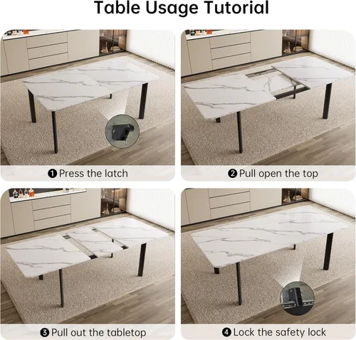Miniatura 5 de HIPIHOM Mesa de comedor extensible para 6-8 personas, mesa rectangular de 63 a 78.7 pulgadas, MDF blanco con patas de metal resistentes, ahorro