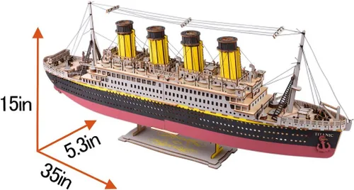 Miniatura 4 de Bitopbi Rompecabezas de madera 3D modelo Titanic de gran tamaño, crucero, versión en inglés, coleccionable, construcción de bricolaje, kit