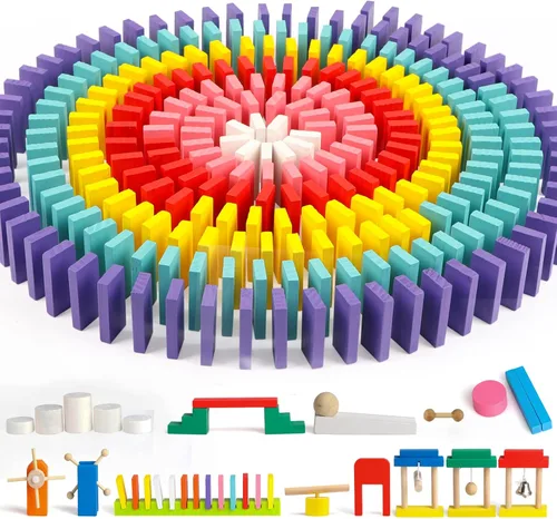 Juego de 600 piezas de dominó para niños, bloques de construcción de dominó de madera, 6 colores a granel juegos de fichas de dominó con 26 bloques