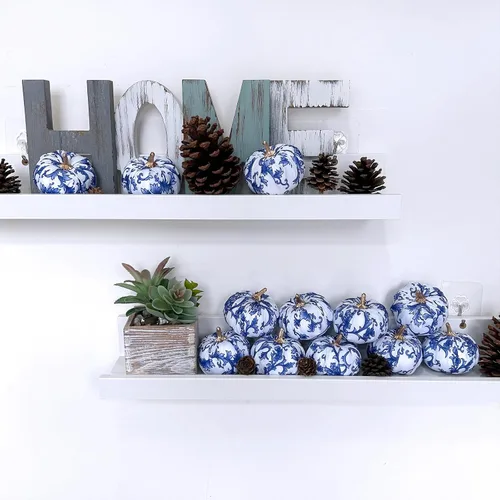 Miniatura 7 de Winlyn 12 calabazas decorativas de tela pequeña en azul y blanco, chinoiserie chic, calabazas de espuma de 3 pulgadas para regalos, otoño, boda