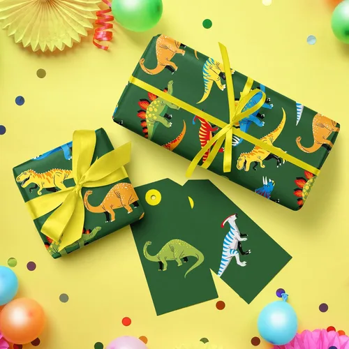 Miniatura 6 de WRAPAHOLIC - Rollo de papel de regalo de dinosaurio - Rollo mini - 17 pulgadas x 33 pies - Papel de regalo de dinosaurio verde, perfecto