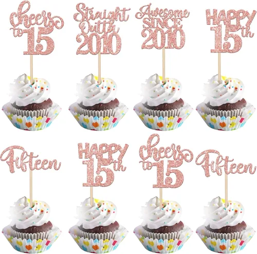 Miniatura 10 de Paquete de 30 adornos para cupcakes de 10º cumpleaños con purpurina recta hacia fuera de 2016, Happy 10th Ten Awesome Since 2016, 10 fabulosas