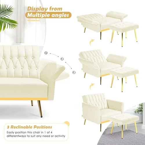 Miniatura 4 de Silla decorativa de terciopelo con respaldo y reposabrazos ajustables, sillón reclinable individual con otomana y patas mentales doradas para sala