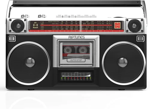 Riptunes Boombox Radio Reproductor Grabador de Casetes, Radio AM/FM -SW1/SW2, Transmisión Inalámbrica, Ranuras USB/Micro SD, Entrada Aux, Conector