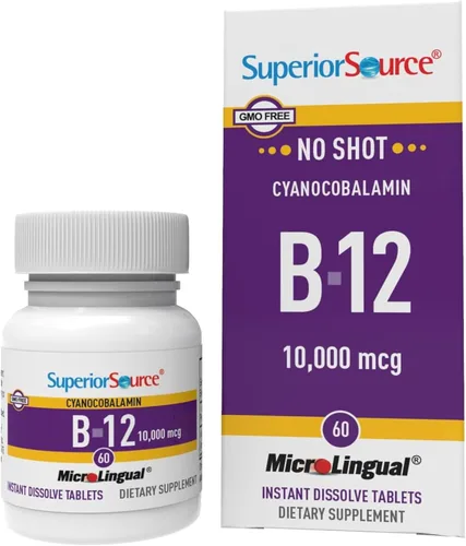 Superior Source No Shot Vitamina B-12 Cianocobalamina 10000 mcg - Vitamina B-12 para apoyar la producción de energía, la salud del cerebro y el
