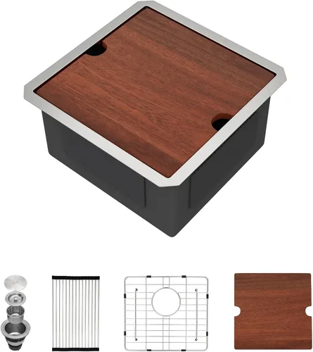 Miniatura 14 de Fregadero de cocina negro de 12 x 15 pulgadas, fregadero de barra pequeña con estación de trabajo de preparación de barra húmeda, lavabo de acero