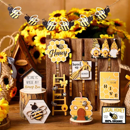 Miniatura 5 de Amyhill Juego de 15 piezas de decoración de bandeja escalonada de abejas de verano, juego de decoración de bandeja escalonada de colmena de abeja