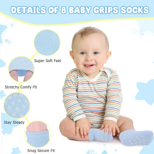 Miniatura 2 de 8 pares de calcetines de bebé con empuñaduras de algodón antideslizantes calcetines de caminar bonitos regalos para recién nacidos, niñas y niños