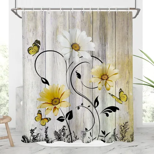 AAtter Cortina de Ducha Floral Amarilla Estilo Granja Vintage Flor Rústica Country Mostaza Blanco Margarita Girasol Mariposa Lindo Cottagecore