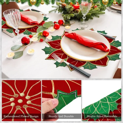 Miniatura 3 de Breling Juego de 6 Manteles Individuales de Navidad de Poinsettia de 16 Pulgadas Redondos Rojos y Verdes con Flores de Poinsettia, Manteles de Mesa