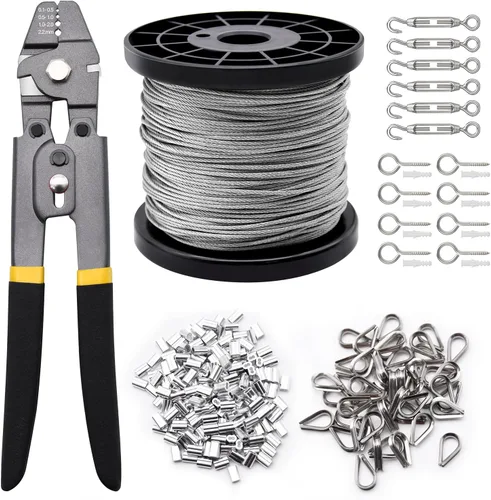 Miniatura 10 de Kit de herramientas de engarzado de cable de alambre de 328 pies, cable de cuerda de alambre de acero inoxidable de 1/16" con manguitos de engarzado