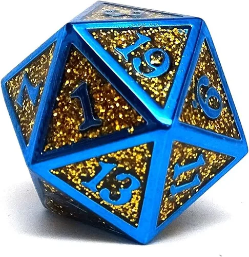 Miniatura 6 de Heroic Dice of Metallic Luster - Colección de 7 piezas de dados poliédricos de metal (dorado con fuente azul)