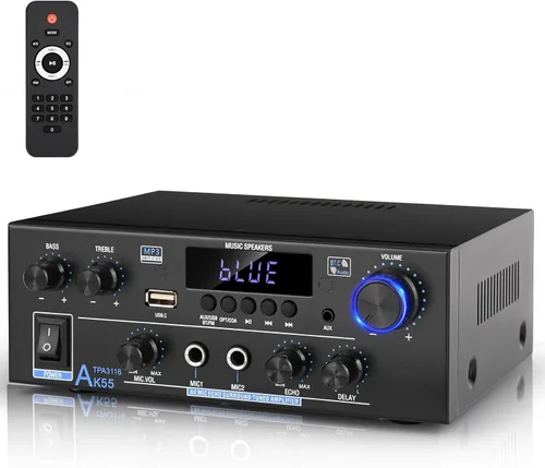Romica AK55 Amplificador de audio estéreo, 2 canales 500 W Bluetooth 5.0 Receptores estéreo de audio doméstico con FM, Echo, AUX, USB, SD, MIC,