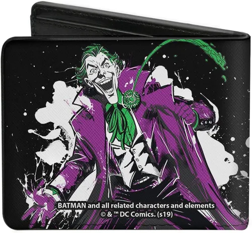 Miniatura 2 de Buckle-Down Billetera de DC Comics para hombre, plegable, Joker The Clown Prince of Crime Flower Squirting Pose Black, cuero vegano, 4.0 x 3.5