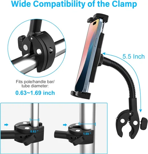 Miniatura 5 de Soporte para tableta para manillar para silla de ruedas de motocicleta, brazo de cuello de cisne de metal, abrazadera de montaje de bicicleta