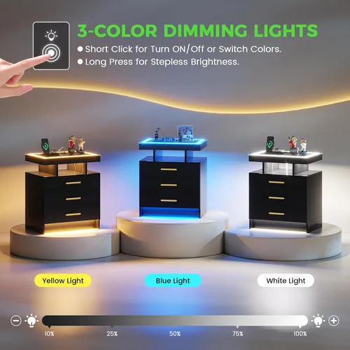 Miniatura 4 de HNEBC Mesita de noche LED con estación de carga, mesita de noche inteligente con luces de sensor de movimiento, 3 cajones, parte superior de vidrio