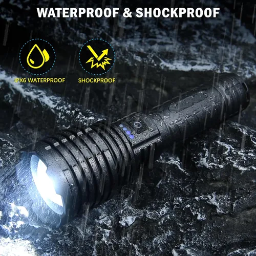 Miniatura 7 de baibian Linternas de alto lúmenes, 100,000 lúmenes, linterna súper brillante, recargable de mano, impermeable, tácticas, linternas LED, 5 modos