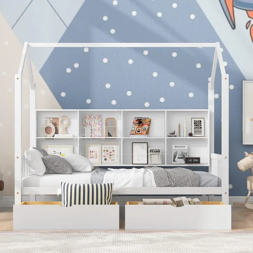 Miniatura 3 de SOFTSEA Cama de casa de tamaño individual para niños, sofá cama de madera con cajones de almacenamiento, marco de cama individual con estantería