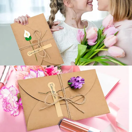 Miniatura 4 de Paquete de 12 tarjetas de felicitación de flores secas con sobres, tarjeta de regalo retro marrón de papel kraft para vacaciones, tarjeta