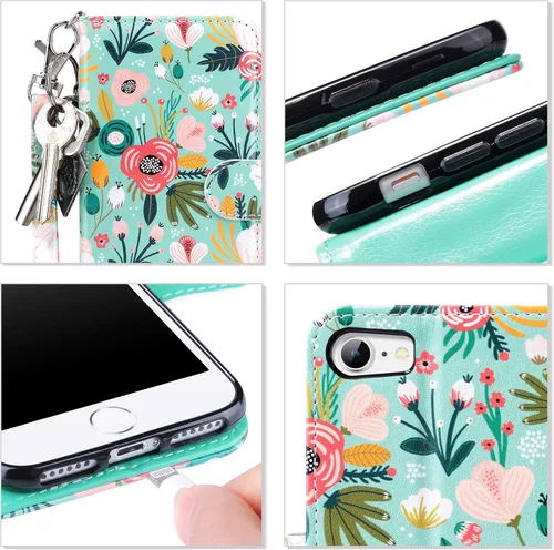 Miniatura 7 de ULAK - Funda tipo cartera para iPhone SE 3 (2022)/SE (2020)/8/7, con tarjetero, funda tipo cartera de piel sintética floral premium con soporte