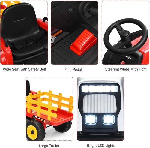Miniatura 6 de Costzon Tractor de paseo con remolque desmontable, vehículos eléctricos para niños con cargador de tierra de cambio de 3 marchas, diseño inalámbrico