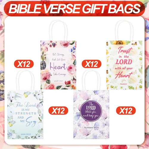 Miniatura 3 de Sinmoe 48 bolsas cristianas para recuerdos de boda con asas, diseño de girasol y mariposa, bolsas de regalo de tejido con versículo de la Biblia
