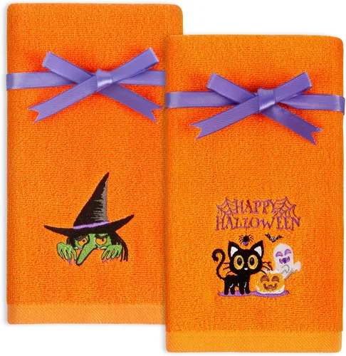 Quera Paquete de 2 toallas de mano de Halloween, 100% algodón, bordadas, decoración de lujo de primera calidad, juego de toallas decorativas para