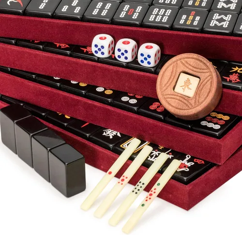 Miniatura 4 de Juego de Mahjong chino de Yellow Mountain Imports, Jet Set - con 148 azulejos pequeños negros y estuche de madera, girador de madera, dados