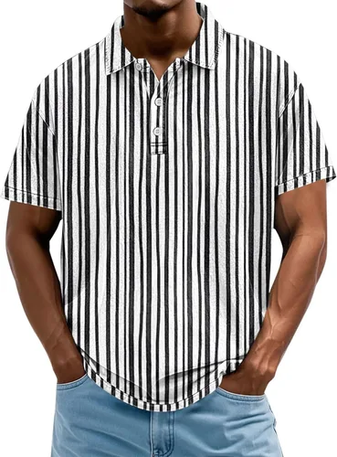 Miniatura 19 de Camisa polo de manga corta para hombre, camiseta de golf a rayas, de manga corta, para vacaciones, casual, cuello en V, camiseta de verano con Rojo
