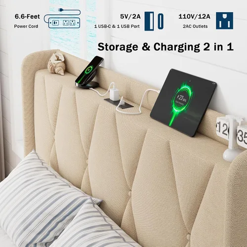 Miniatura 5 de GalnFu Base de cama de tamaño matrimonial con 4 cajones de almacenamiento, plataforma tapizada con estación de carga, moderna cabecera de Beige