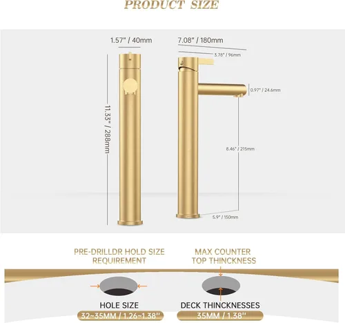 Miniatura 7 de Phiestina FH01-BG-V - Grifo de lavabo de baño de oro cepillado, un solo agujero, grifo alto de baño de una sola manija, con drenaje desplegable