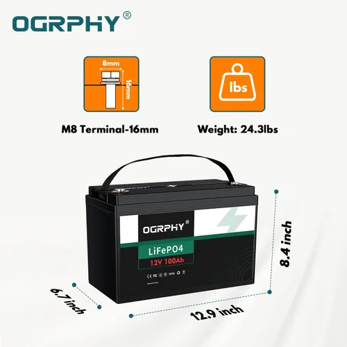 Miniatura 2 de OGRPHY Batería de 12V 100Ah LiFePO4, batería de litio de celdas de grado A de 1280Wh con BMS de 100A, hasta 5000+ ciclos profundos para RV, motor