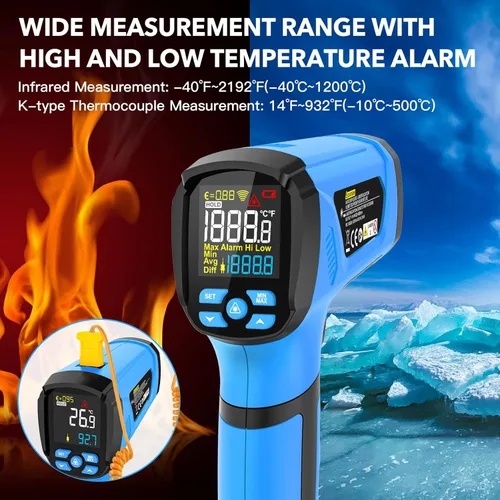 Miniatura 5 de Termómetro infrarrojo pistola de temperatura, -40℉ a 2192℉ Termómetro de alta temperatura láser dual con pantalla LCD a color, pirómetro industrial