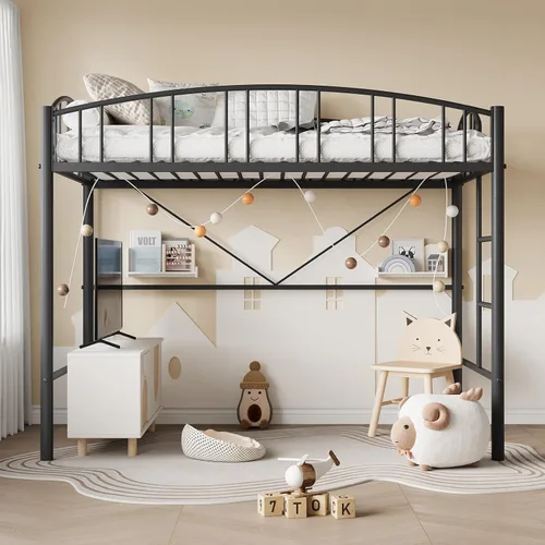 Miniatura 5 de IDEALHOUSE Cama alta tamaño individual con escalera y barandilla de arco alto, listones de metal resistentes, diseño que ahorra espacio