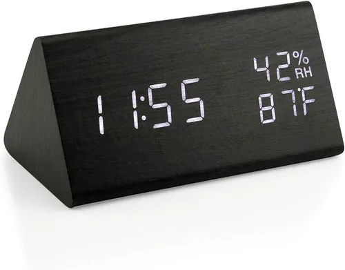 OCT17 Reloj de alarma de madera, reloj digital LED inteligente para dormitorio/escritorios, actualizado con hora, temperatura, brillo ajustable y