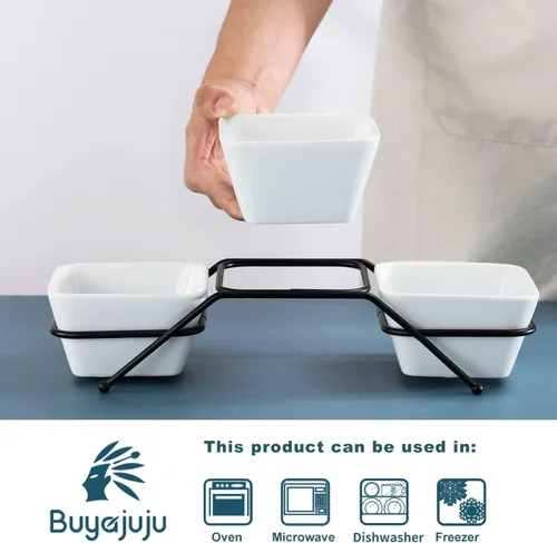 Miniatura 3 de Buyajuju Juego de 3 piezas de cuencos cuadrados de porcelana para chips y salsa con soporte de metal negro, cuencos pequeños de 4.5 pulgadas blancos