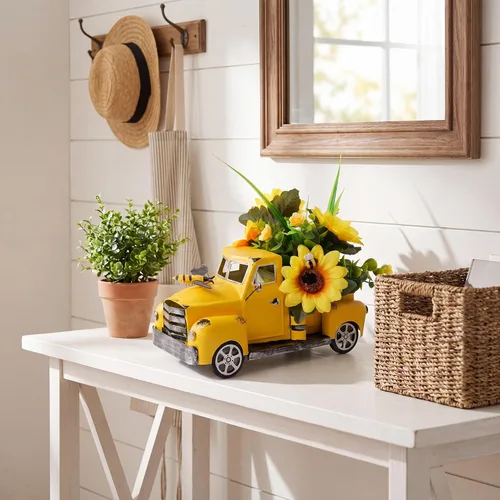 Miniatura 7 de Decoración de camión de metal de granja con suculentas artificiales, camioneta de hierro rústico con maceta sintética extraíble para decoración