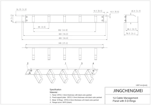 Miniatura 3 de Gestor de cables horizontal de metal de 19 pulgadas para montaje en rack con 5 anillos en D (1UCM5R440, negro)