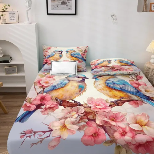 Miniatura 3 de Juego de sábanas tamaño individual – Juego de sábanas con estampado floral de pájaros, sábanas y fundas de almohada, microfibra suave y bolsillo