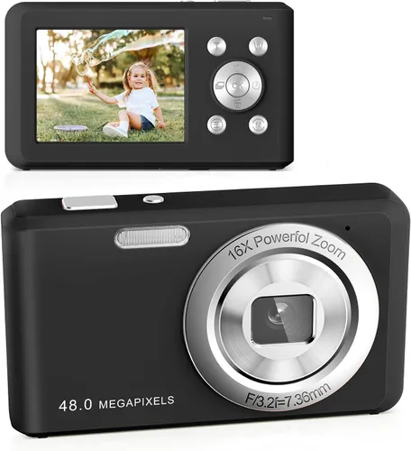 Cámara Digital, Cámara Compacta FHD 1080P con Tarjeta de 32GB, Cámara de 48MP LCD de 2.4'' Zoom Digital 16X para Niño Estudiante Niños Adolescente