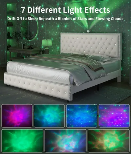Miniatura 3 de Base de cama de plataforma tapizada tamaño Queen con cabecera LED, proyector de estrellas integrado y cabecera ajustable, no necesita somier, fácil