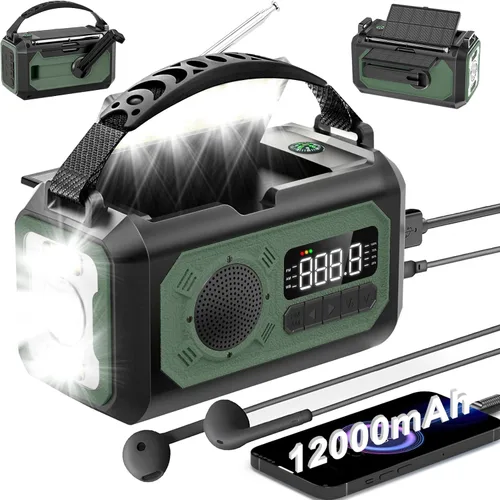 Radio de emergencia de 12000 mAh, radio portátil de alerta meteorológica AM/FM/NOAA, manivela con linterna, lámpara de lectura, alarma SOS, cargador