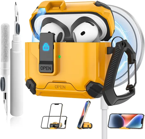Miniatura 9 de Meliya Funda para AirPods 4, viene con soporte para teléfono y función MagSafe, funda rígida de protección completa automática emergente con bloqueo